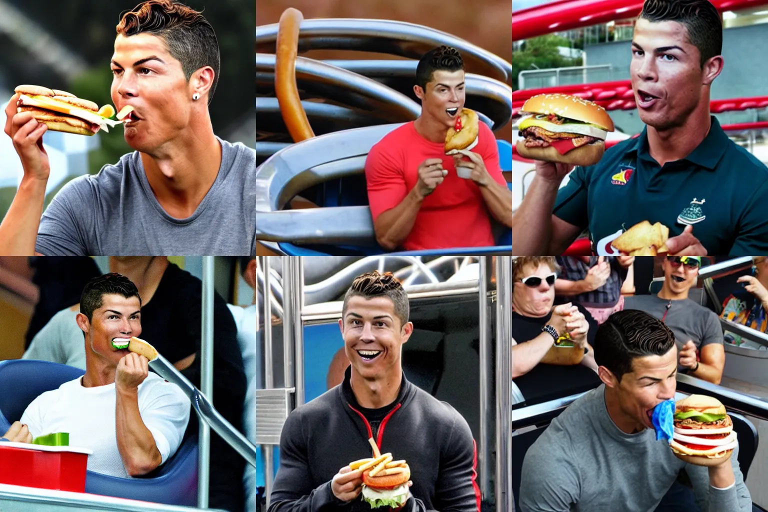 Prompt: christiano ronaldo eating a hamburger in a roller coaster