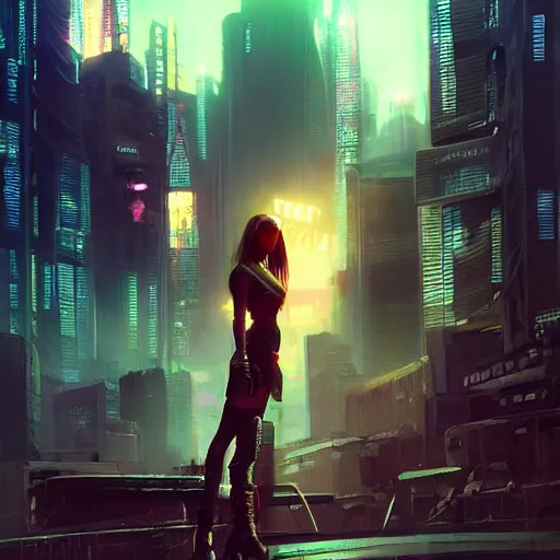 Prompt: cyberpunk, halfbody shot of a young razorgirl, sunglasses, black hair, shag cut, dramatic light, city background, sunset, dystopian setting, high contrast, sharp, painted by stanley lau, painted by greg rutkowski, painted by stanley artgerm, digital art, trending on artstation