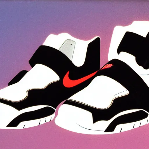 Prompt: retro futuristic Nike air trainer sneakers with straps by syd mead, grainy matte painting, geometric shapes