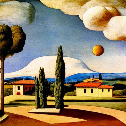 Prompt: solarpunk dreaming a toscana landscape with modern houses, painted by Giorgio de Chirico, highly detailed