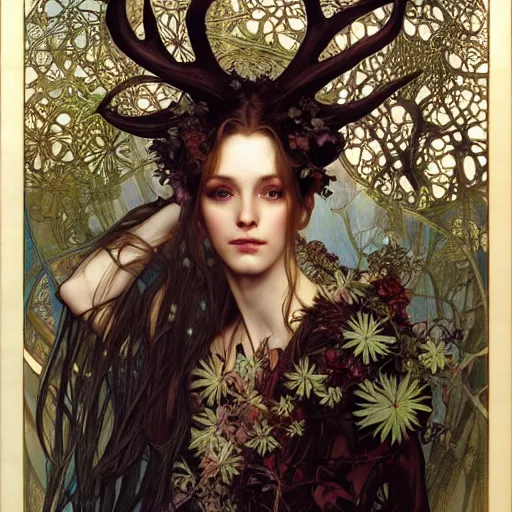 Prompt: realistic detailed face portrait of a beautiful young forest witch chimera with elaborate spreading antlers and ginko leaves in her hair by Alphonse Mucha, Ayami Kojima, Amano, Charlie Bowater, Karol Bak, Greg Hildebrandt, Jean Delville, and Mark Brooks, Art Nouveau, Neo-Gothic, gothic, rich deep moody colors