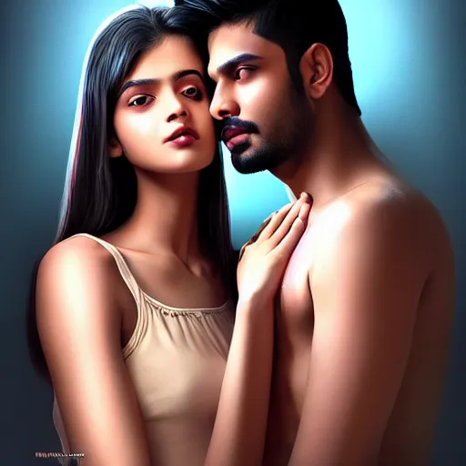 Image similar to theatrical press release ; indian young male and female couple sharing one heart ; stunning digital artwork by artgerm ; cinematic movie pose ; photorealistic, hyperrealistic, dramatic soft rim light ; highly detailed ; face by wlop ; trending on artstation ; cinematography from music video ; symmetrical, high coherence