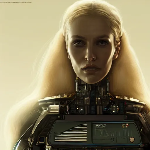 Image similar to panorama of a very pretty blond borg queen on a borg ship, cybernetic implants, perfect face, symmetrical face, moody lighting, shallow depth of field, artstation concept,