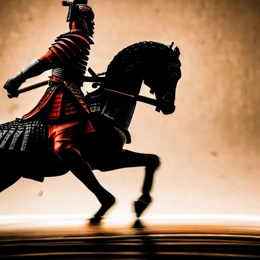 Image similar to close up macro shot of a roman general riding a horse fighting a samurai with swords on wet tokyo street at night, intricate, hyper detailed, smooth, dramatic lighting, cinematic