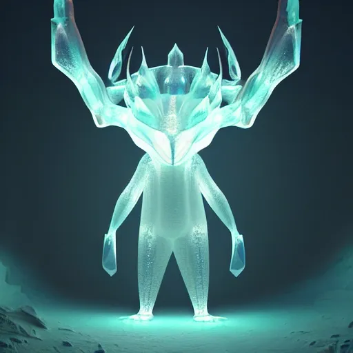 Image similar to ( ice pokemon ) creature creature in a alaska cave, bioluminescent bioluminescent translucent translucent : : by michal karcz, daniel merriam, victo ngai and guillermo del toro : : ornate, dynamic, particulate, intricate, elegant, highly detailed, centered, artstation, smooth, sharp focus, octane render, 3 d