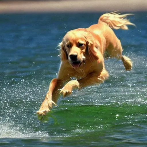 Prompt: a golden retriever wakeboarding, by H. R. Giger