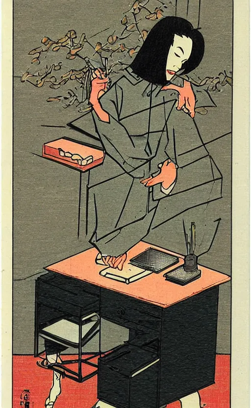 Image similar to by akio watanabe, manga art, a male calligrapher working, vintage desk, traditional colors, trading card front, realistic anatomy