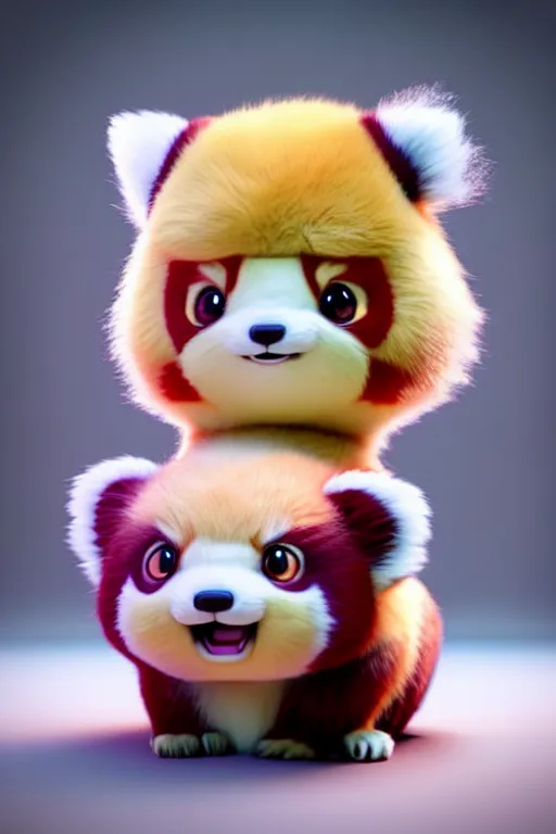 Prompt: high quality 3 d render hyperrealist very cute pastel fluffy red panda & koala hybrid eating giant ice cream, vray smooth, in the style of detective pikachu, very dramatic light, low angle, uhd 8 k, shallow depth or field