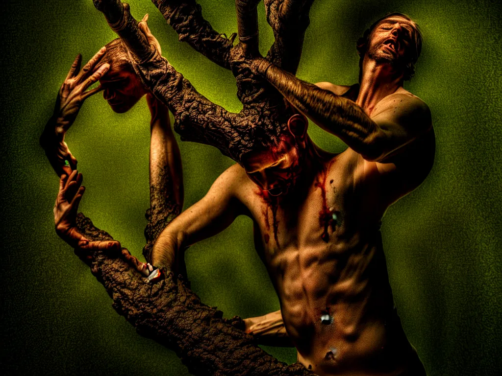 Image similar to award - winning color photo of a man transforming into a tree, chiaroscuro, awe, terror, beauty