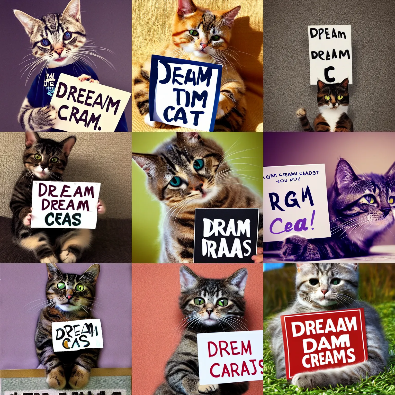 Image similar to realistic high quality photo of a cute cat holding a sign with text that reads : dream cats