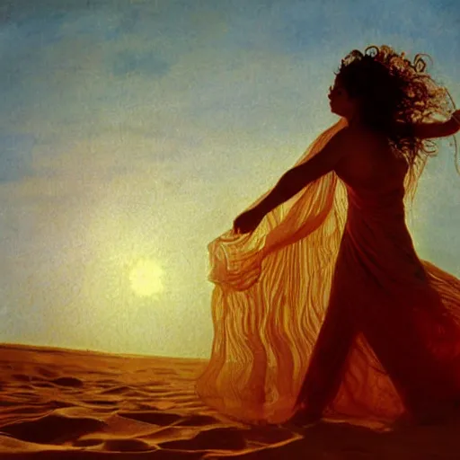 Image similar to filmstill photography of female body sulhouette covered with curly white translucent blanket blowing in wind, acrylic liquid colors, luxurious supermodel photoshooting, golden jewelry, bokeh, godrays, strong wind, wrinkles, sunrays, sunset, lens flares, monet, painting by renoir, cold colors, sand dunes, fresco by michaelangelo, art noveau