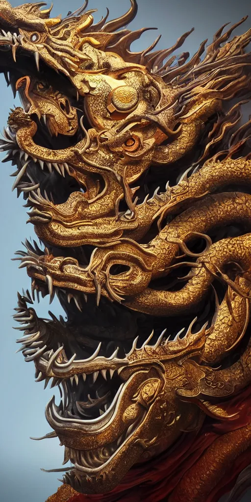 Image similar to a beautiful obverse portrait of a single huge chinese dragon, solid background, mechanical, metal, model design, fine texture structure, hyper detailed, perfect shadows, fire eye, atmospheric lighting, 3 d render, the style of pascal blanche and sparth juan zigor samaniego, paul pepera pablo roldan, denoise, alone, 4 k hd