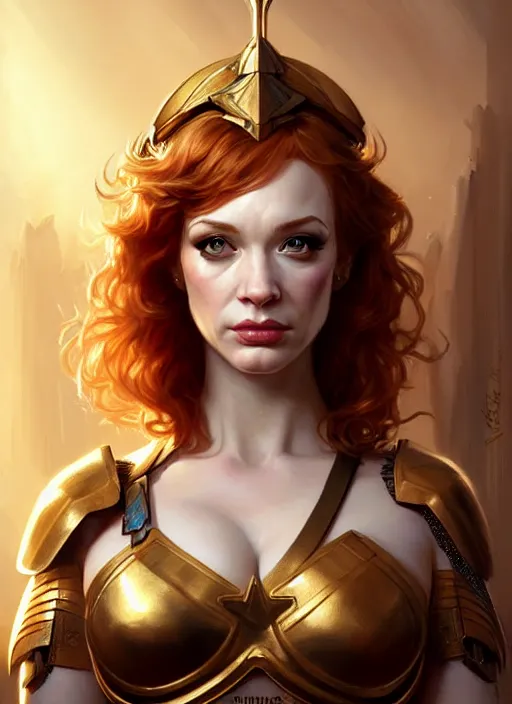 Image similar to valkyrie portrait of christina hendricks, beautiful face, highly detailed face!!!, extremely detailed!, digital painting, unreal engine 5, art by artgerm and greg rutkowski and alphonse mucha