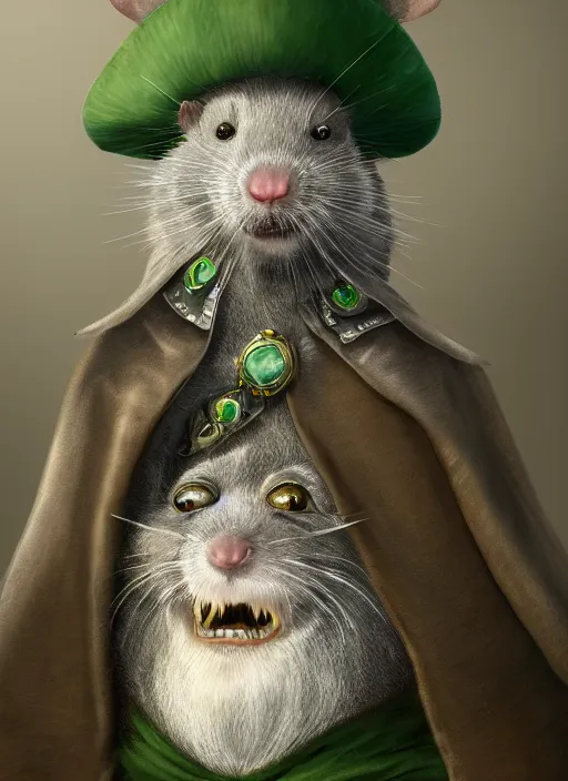 Image similar to gray rat standing on two legs, gray beard, wearing jewelry, green eyes, tricorne hat, green robe, D&D, digital art, realistic, trending on artstation, 4k, sea in the background