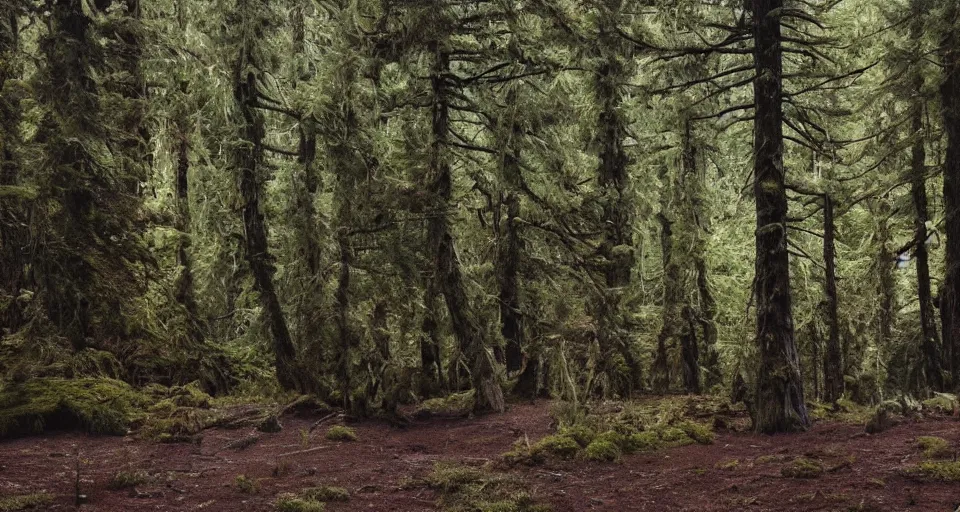 Prompt: First official image from Alejandro Landes' new western film Moss and Lead. Filmed by Jasper Wolf on ALEXA Mini, Vantage One T1 lens in Oregon's Siuslaw National Forest. Starring Gleeson. Cinematography, contrast, nighttime.