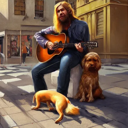 Prompt: oil painting of a young man with long hair blond and a beard hippie style with his golden retrever dog playing guitar in the square for money, people watching around, by greg rutkowski, artstation