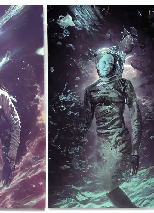 Image similar to girls astronaut in dark void underwater - complex and hyperdetailed technical suit design. reflection and dispersion materials. rays and dispersion of light. volumetric light. f / 3 2. noise film photo. flash photography. ultra realistic, 5 0 mm. poster by wayne barlowe, hajime sorayama aaron horkey, craig mullins