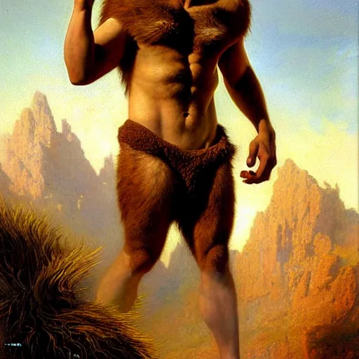 Image similar to a portrait of a furry minotaur wearing a tshirt and pants, furry body, furry chest, furry arms, furry legs, tail. highly detailed painting by gaston bussiere, craig mullins, j. c. leyendecker, furry