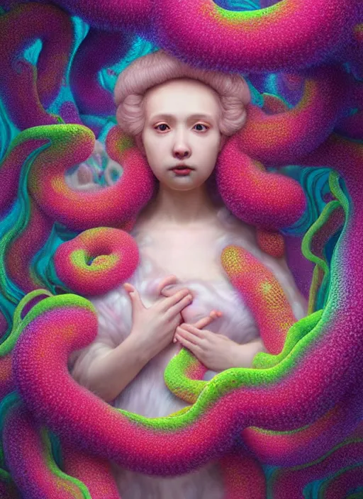 Prompt: hyper detailed 3d render like a Oil painting - kawaii portrait Aurora (curly haired Singer Ferret) seen Eating of the Strangling network of yellowcake aerochrome and milky Fruit and Her delicate Hands hold of gossamer polyp blossoms bring iridescent fungal flowers whose spores black the foolish stars by Jacek Yerka, Mariusz Lewandowski, Houdini algorithmic generative render, Abstract brush strokes, Masterpiece, Edward Hopper and James Gilleard, Zdzislaw Beksinski, Mark Ryden, Wolfgang Lettl, hints of Yayoi Kasuma, octane render, 8k