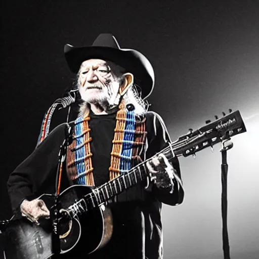 Image similar to willie nelson on stage, four fingers holding a guitar. god rays through fog.
