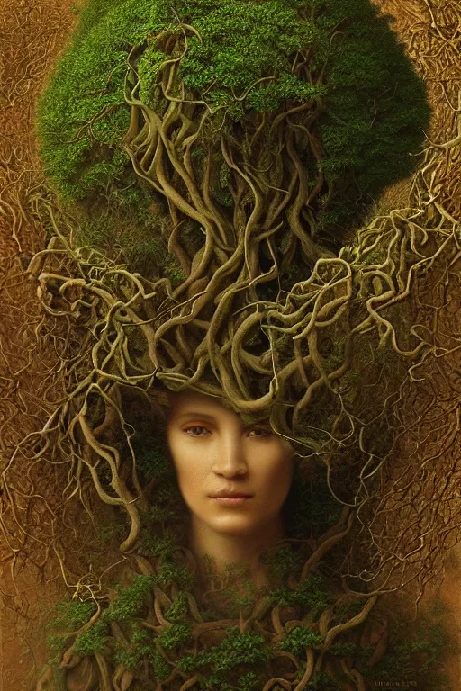 Image similar to Intricate stunning highly detailed portrait of mother earth, 🌱, by agostino arrivabene and Vladimir Kush, surreal, digital painting, ultra realistic, dramatic lighting, twisted vines, lush plants, pristine water, artstation