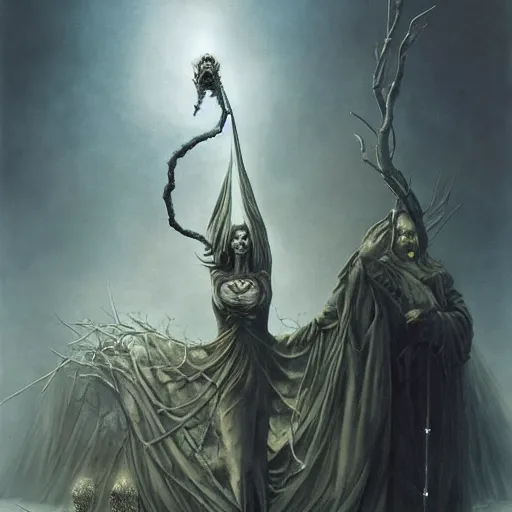 Prompt: the death eater by Dariusz Zawadzki, Tomasz Alen Kopera, Remedios Varo, Mariusz Lewandowski, Zdzisław Beksiński