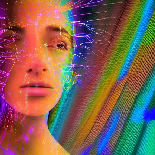 Prompt: portrait of a woman inspired by data - driven art, generative, iridescent, self - confidence, electrons, coding, holographic, lightening