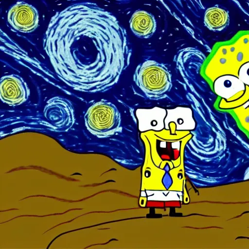 Image similar to a still from spongebob in the style of starry night