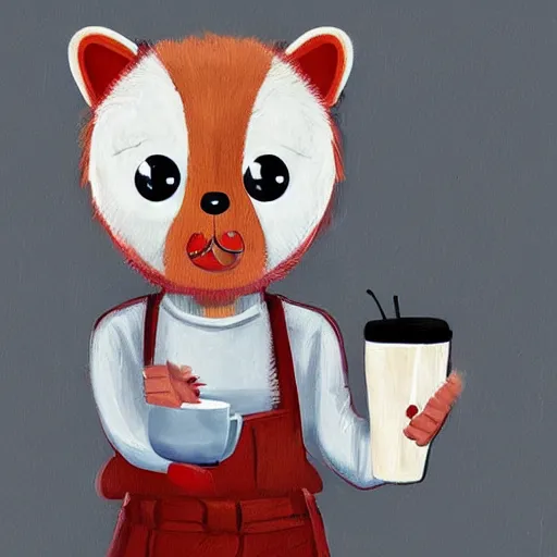 Image similar to anthropomorphic red panda drinking coffee in a cafe, character art, painting, trending on artstation