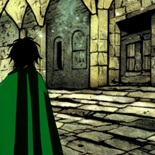 Image similar to peregrin took from the anime lord of the rings (1986), dark hair, green cape, studio ghibli, very detailed, realistic