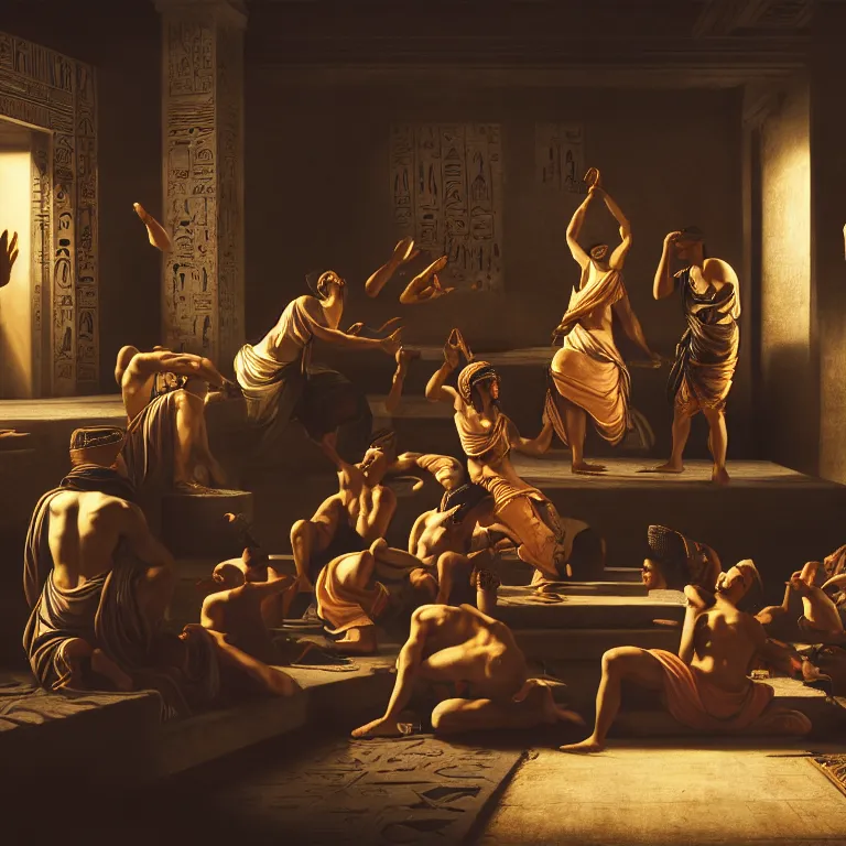 Prompt: a Hip Hop party in ancient egyptian, dreamlike atmosphere, symmetrical baroque painting, perfect composition, beautiful detailed intricate high detailed octane trending on Artstation, 8K fine art photography, photorealistic, soft natural volumetric cinematic perfect light , chiaroscuro, award- winning photography, masterpiece, Raphael, Caravaggio, Greg Rutkowski, Beeple