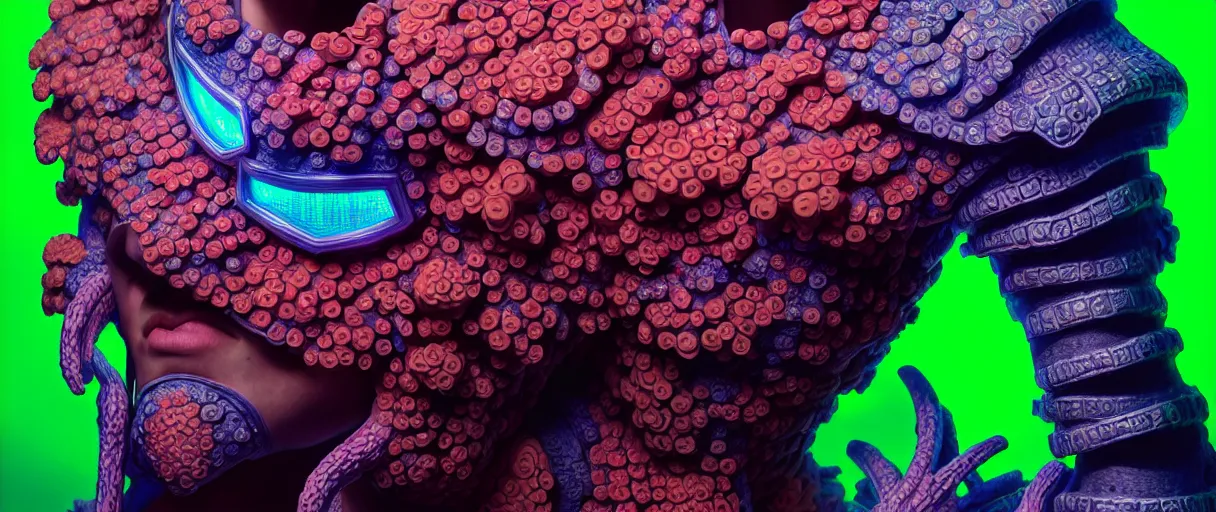 Image similar to hyperrealist highly detailed english medieval portrait of high fashion monster wearing uv light reef armor, radiating atomic neon corals, concept art pascal blanche dramatic studio lighting 8k wide angle shallow depth of field