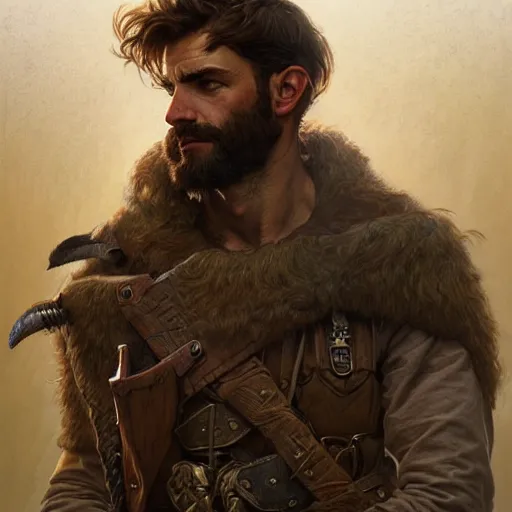 Image similar to portrait of a rugged ranger, full body, hairy torso, D&D, fantasy, intricate, elegant, highly detailed, digital painting, artstation, concept art, matte, sharp focus, illustration, art by Artgerm and Greg Rutkowski and Alphonse Mucha