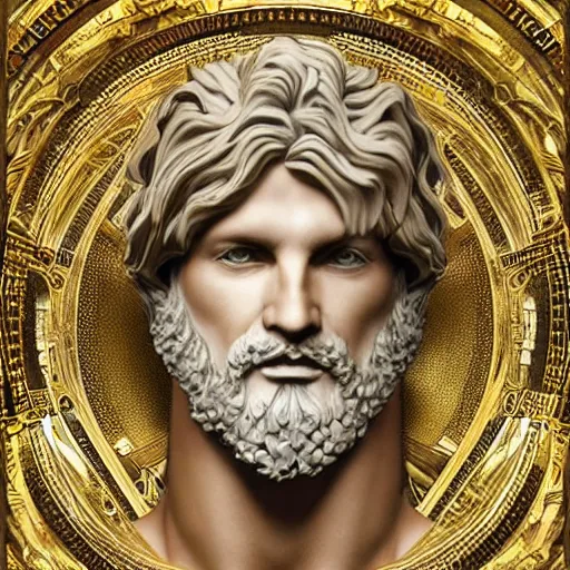 Image similar to portrait of zeus king of olympus made with porcelain by Jeff Easley and Peter Elson + beautiful eyes, beautiful face + symmetry face + border and embellishments inspiried by alphonse mucha, fractals in the background, galaxy + baroque, gothic, surreal + highly detailed, intricate complexity, epic composition, magical atmosphere + masterpiece, award winning + trending on artstation