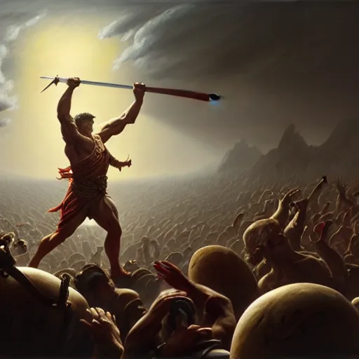 Prompt: highly detailed painting of julius caesar fighting a looming demigod, dramatic, sense of scale, stephen bliss, unreal engine, greg rutkowski, ilya kuvshinov, ross draws, hyung tae and frank frazetta, tom bagshaw, tom whalen, nicoletta ceccoli, mark ryden, earl norem, global illumination, god rays, idyllic