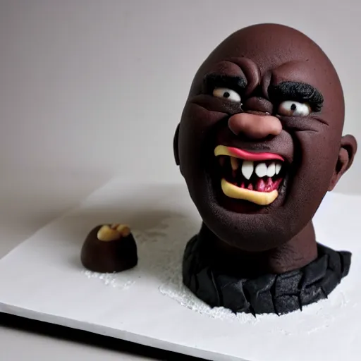 Prompt: a cake with sugar paste figuring a bald black man screaming, food photography, master of cakes, cake awards