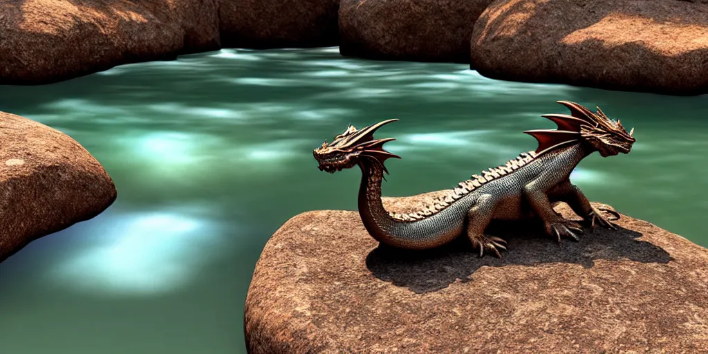 Image similar to A small dragon sitting on a glistening creek rock, flowing clear water creek bed, photorealistic 3D artwork.