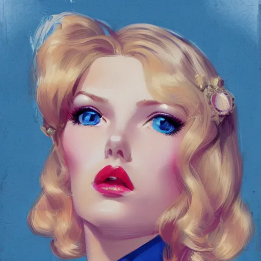 Prompt: portrait of beautiful girl with blond hair and blue eyes, League of Legend illustration, profile picture by Gil Elvgren:2, asymmetrical, Organic Painting , Matte Painting, geometric shapes, hard edges, street art, trending on the artstation, realistic:2 by Sachin Teng:5