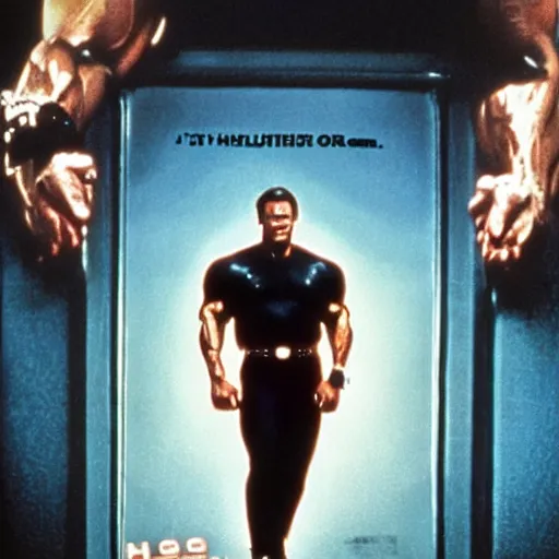 Image similar to a 8 0's movie poster starring arnold schwarzenegger, the movie is called prey cinematic photo