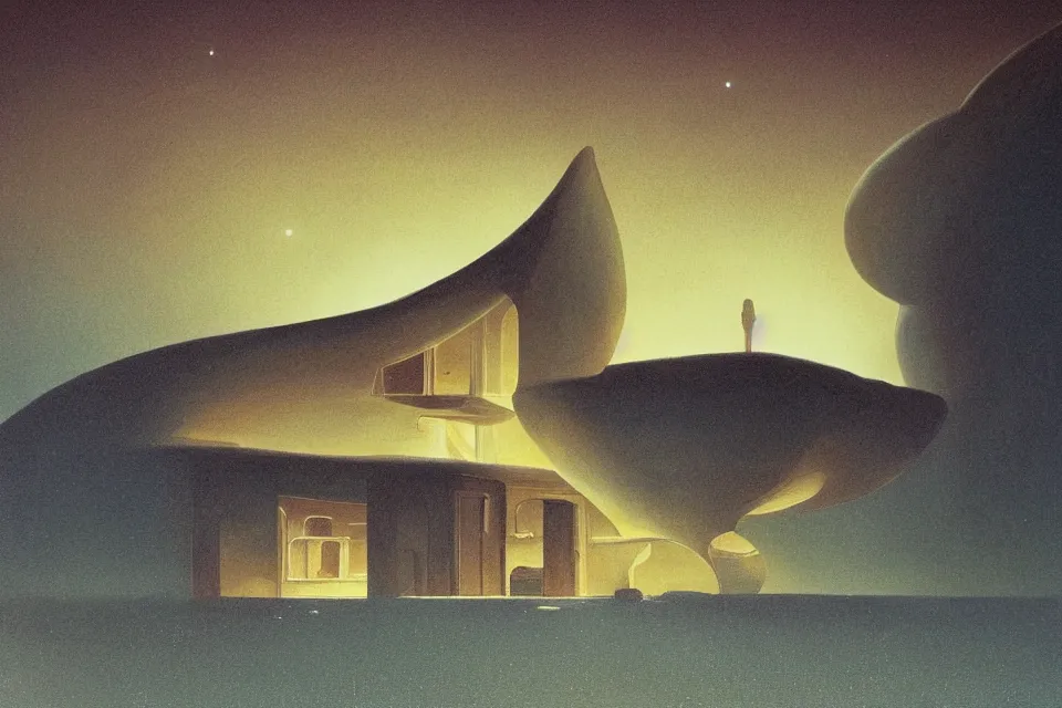 Prompt: sci fi atmospheric landscape painting of architecture design of a seashell shaped house in the middle of the desert at night, painted by john harris and moebius