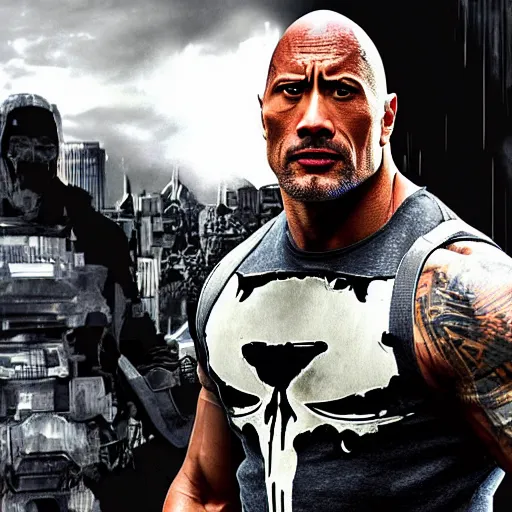 Image similar to Dwayne Johnson in the punisher digital art 4k detailed super realistic