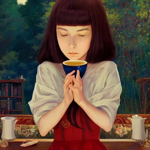 Image similar to Full body portrait of a sorceress sipping tea in her sunlit study, fantasy, digital illustration, exquisitely detailed, Ilya Kuvshinov, Hayao Miyazaki, Kazuma Kaneko