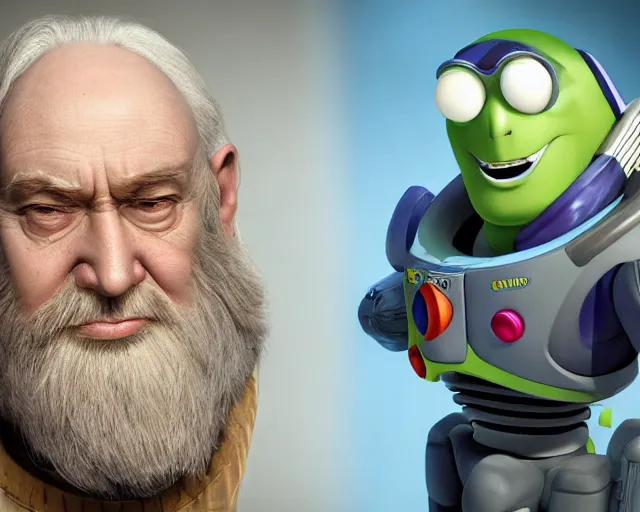 Prompt: buzz light - year is dumbledore, character art, by various concept artists, redshift render, hyperrealistic face, photorealistic render