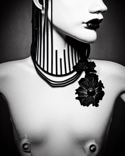 Image similar to black and white dreamy foggy poetic smoky profile face portrait, one silver steampunk realistic eye biomechanical beautiful angelic young female cyclope - cyborg - robot bust, body ribs meshes,, volumetric light, hibiscus flowers, by man ray, rim light, big gothic fashion pearl embroidered collar, 8 k