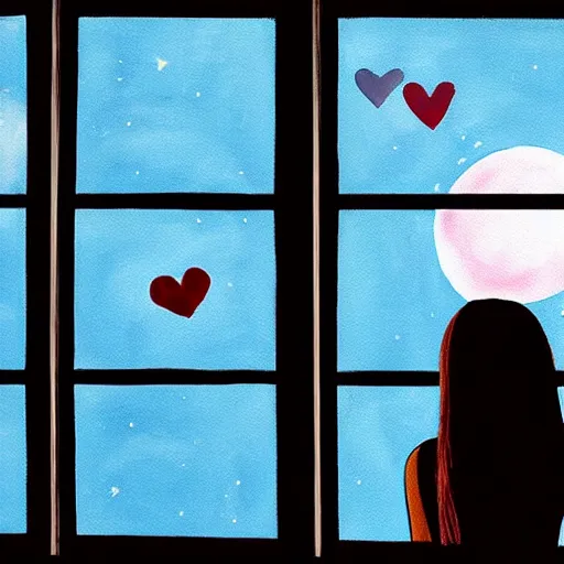 Image similar to painting of brunette girl from behind as she looks at the window at the night sky, feature the moon and hearts