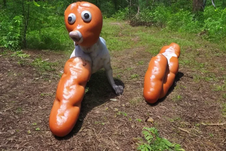 Image similar to trail cam footage of a humanoid hot dog with arms and legs