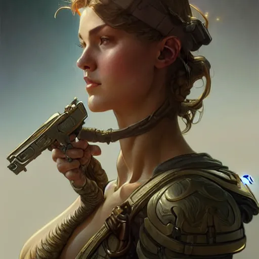 Image similar to female soldier, muscular upper body, D&D, fantasy, intricate, elegant, highly detailed, digital painting, artstation, concept art, smooth, sharp focus, illustration, art by artgerm and greg rutkowski and alphonse mucha