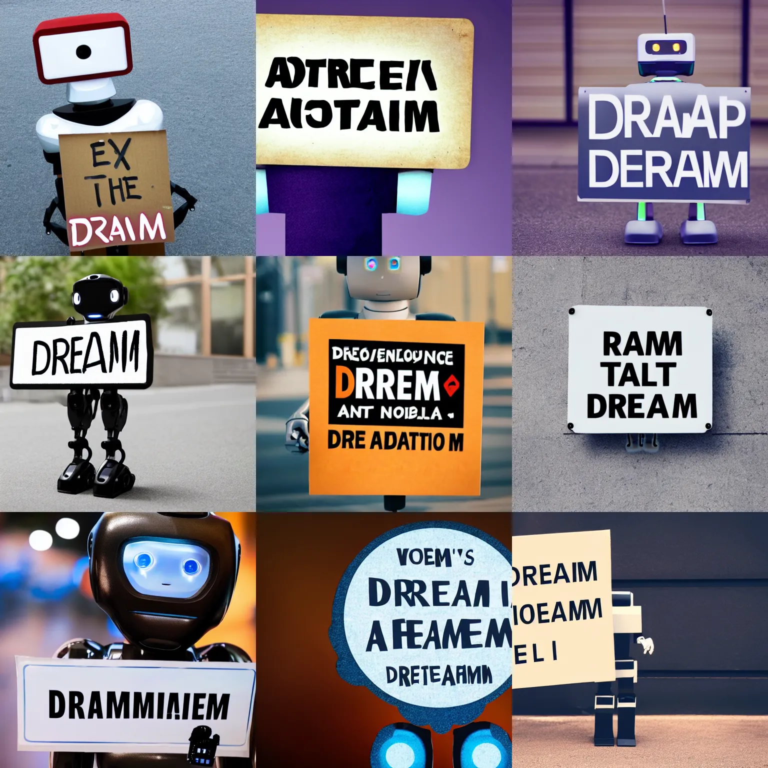 Image similar to photo of artificial intelligence robot holding a sign with text that reads : dream