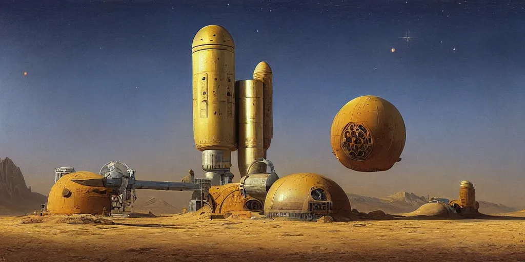 Image similar to soviet space round station in the desert by asher brown durand, stefan koidl, ivan shishkin,