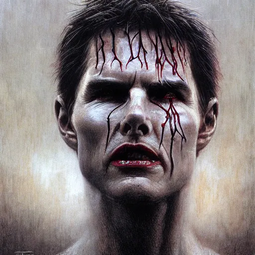 Image similar to portrait of demonic Tom Cruise in hood and crown of thorns, dark fantasy, Warhammer, artstation painted by Zdislav Beksinski and Wayne Barlowe